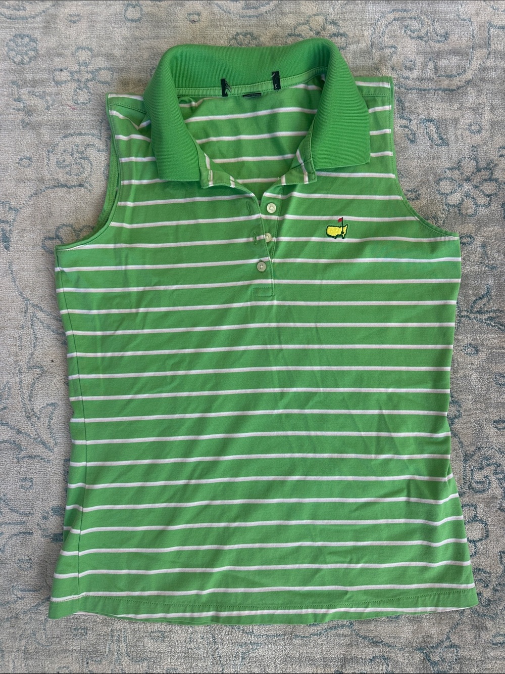 Women’s Masters Sleeveless Green Pink White Striped Polo Top with Logo - Small